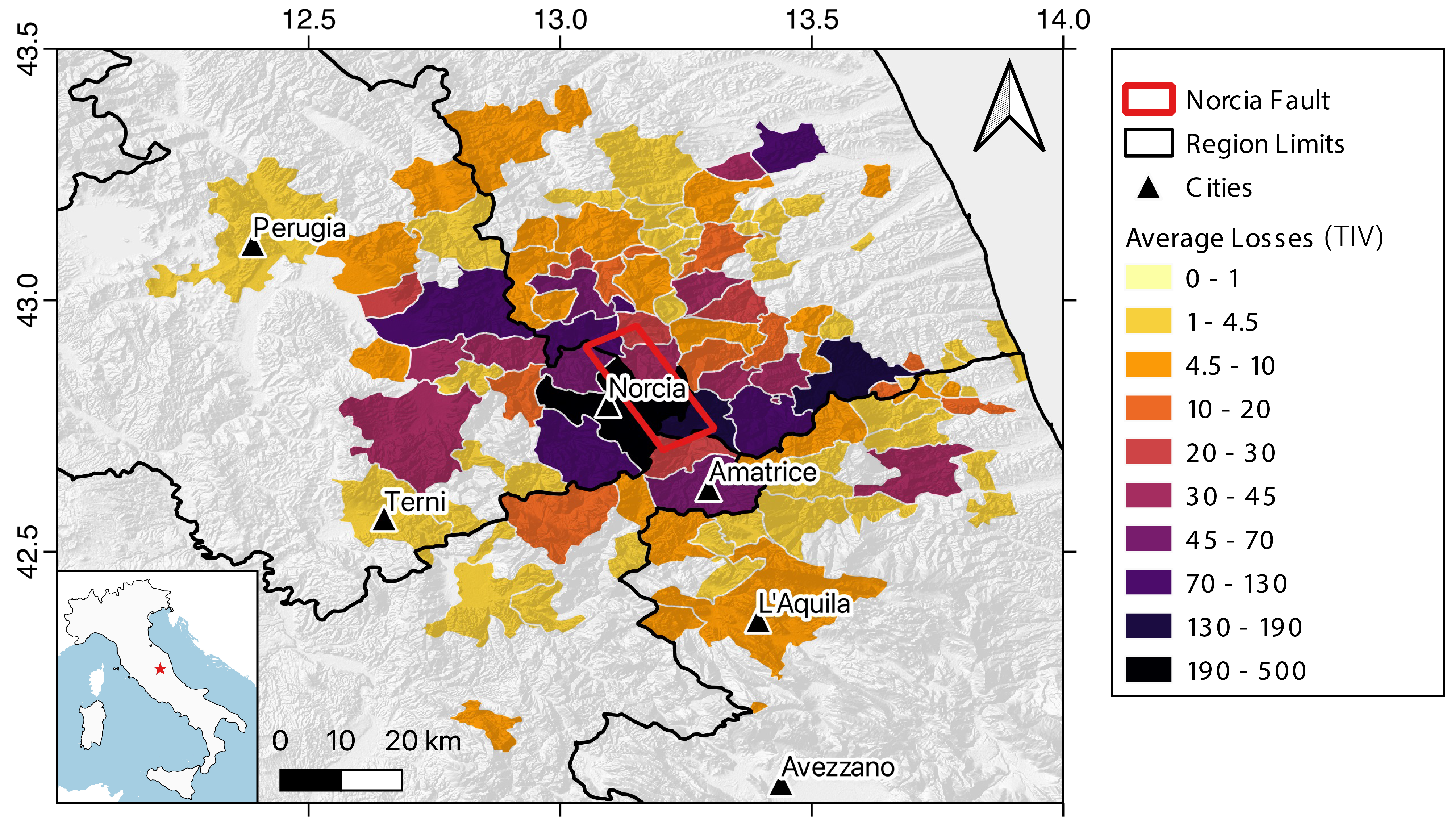 Average losses computed at the level of each municipality caused by an earthquake