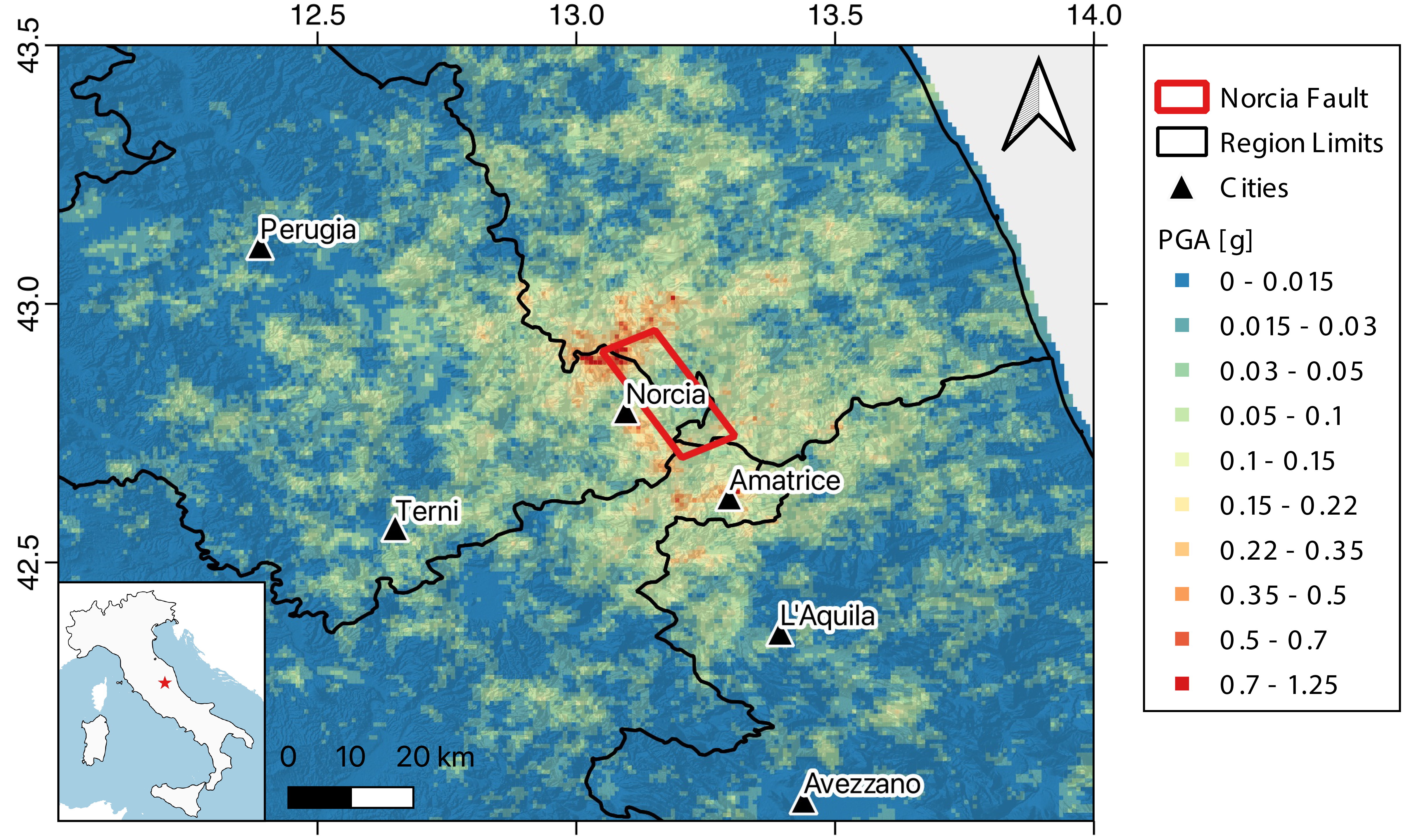 Map of the ground-motion field in terms of peak ground acceleration